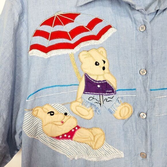 Vintage Fitting Image Applique Embroidered Bear Beach Button Up Shirt - Picture 2 of 6